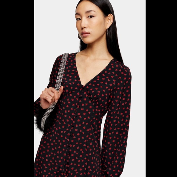 Topshop Black Floral Rose Print Button Down V Neck Midi Dress - Picture 3 of 9